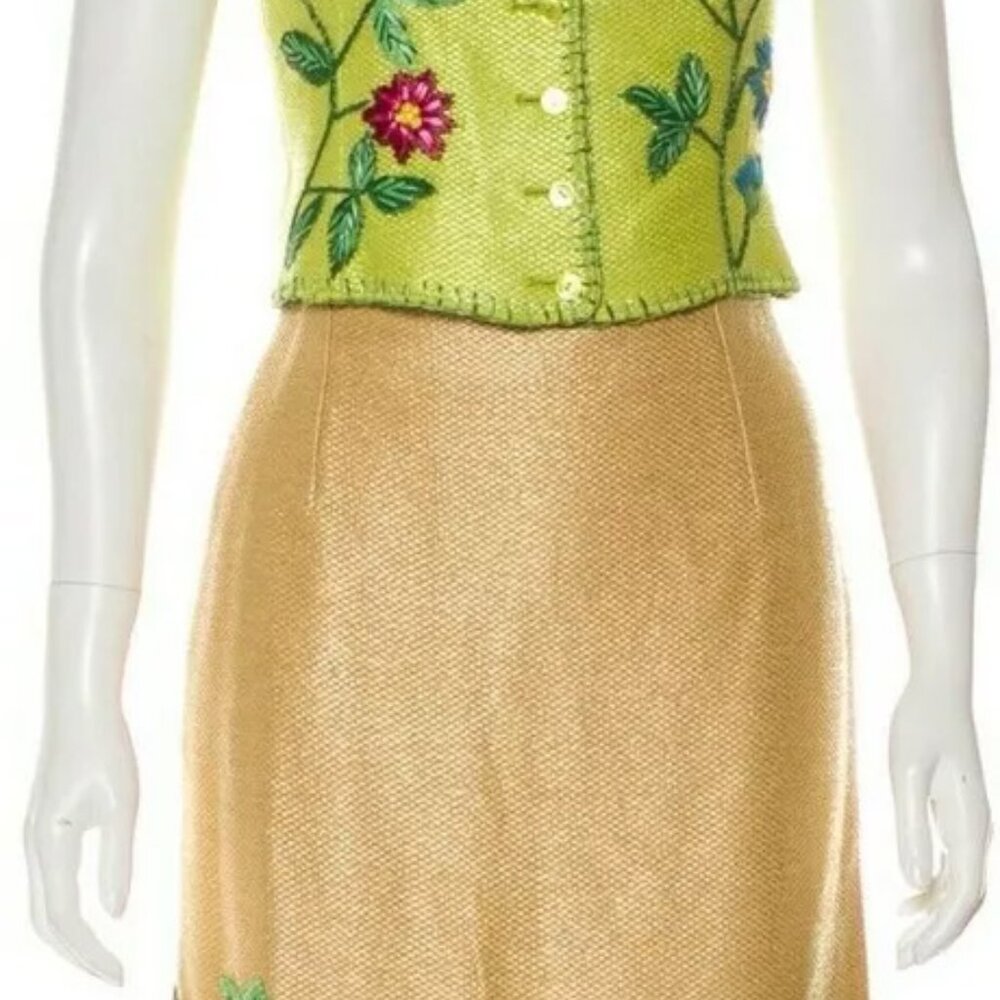 Moschino Couture Italian Gold Linen Lined 3 Piece Skirt Suit Top Jacket USA 10 - Picture 2 of 13